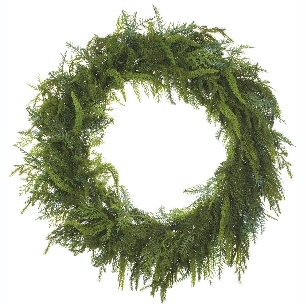 32-inch green artificial cedar and pine wreath with a lush, textured foliage design.
