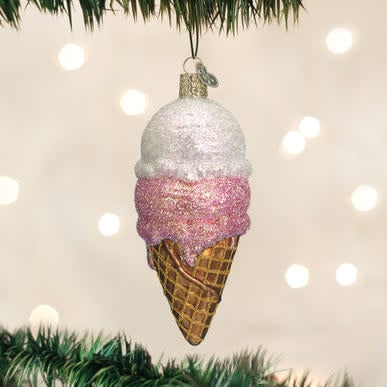 Glass ice cream cone ornament with a scoop on top in pastel colors.