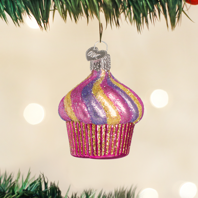 Hand-painted glass cupcake ornament with silver interior and glitter accents