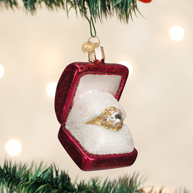 Mouth-blown glass ring ornament in clear with silver accents, hand-painted and glittered.