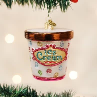 Glass ice cream carton ornament with pastel swirls on white background