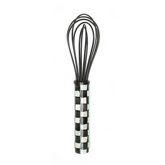 Black Courtly Check small whisk with enameled stainless steel handle and silicone loop.