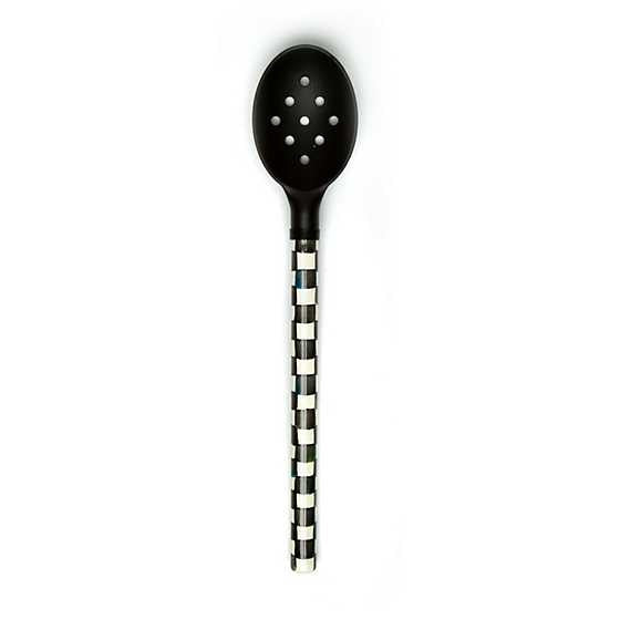 Black Courtly Check slotted spoon with enameled stainless steel handle and silicone-coated head.