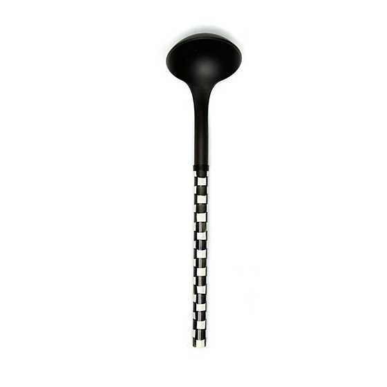 Black Courtly Check ladle with enameled stainless steel handle featuring signature check pattern and black silicone head.