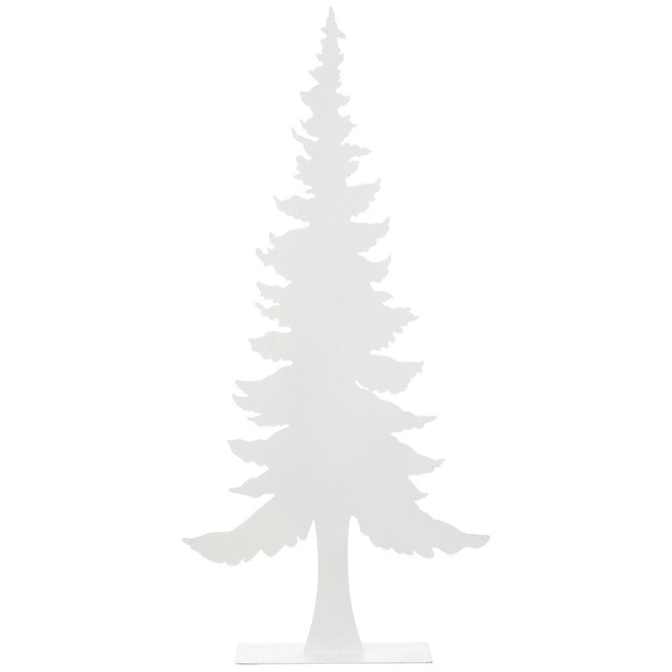 Minimalist white metal tabletop Christmas tree silhouette standing on a flat rectangular base.