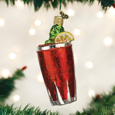 Bloody Mary themed glass ornament shaped like a cocktail with red liquid.
