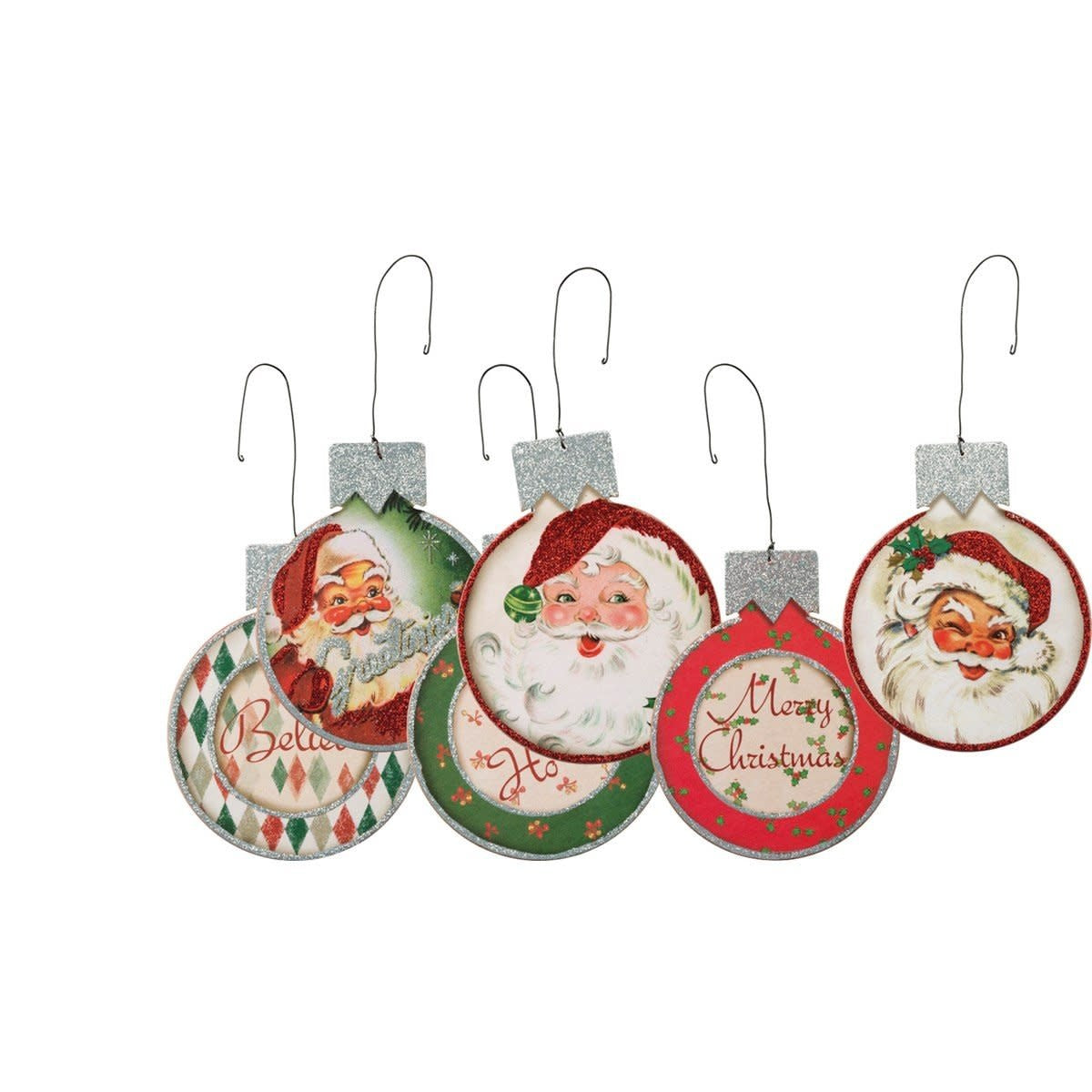 Double-sided vintage wood ornament with festive glitter designs on a wire hook.