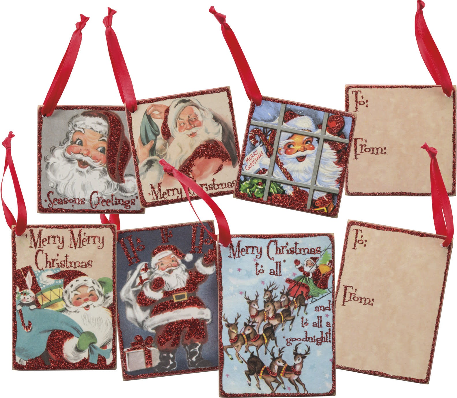 Double-sided wooden retro Santa gift tag with glitter accents, ribbon loop, reverse To and From spaces.