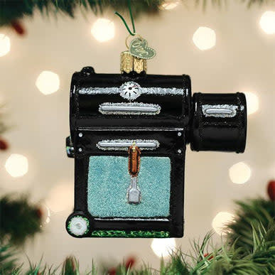 Glass smoker BBQ ornament with silver accents in a carved mold shape.