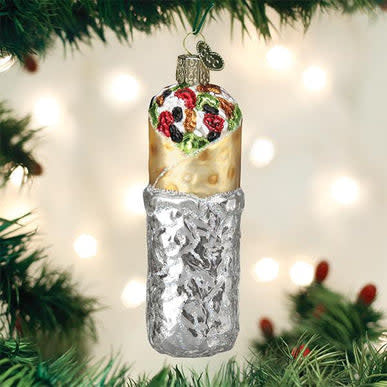 Burrito ornament shaped like a wrapped tortilla filled with rice, beans, meat, and cheese.