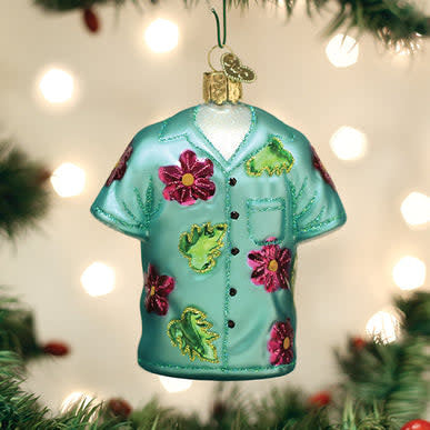 Hawaiian shirt ornament shaped like a folded aloha shirt with floral pattern in red and blue tones.