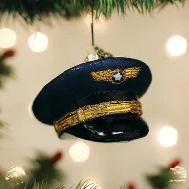 Mouth-blown glass pilot's cap ornament in silver with hand-painted details and glitter finish.