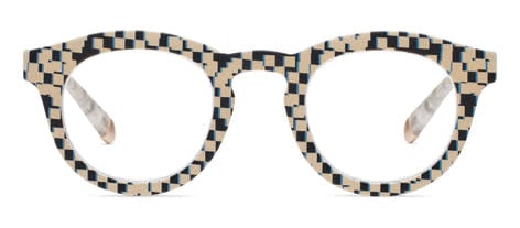 Round black Frame of Mind glasses with pixel check blue light lenses.