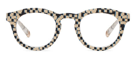 Round Frame of Mind sunglasses in black with pixel check blue lens pattern