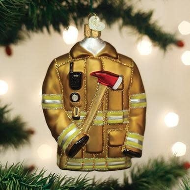 Metal firefighter coat ornament shaped like a helmet with reflective stripes.
