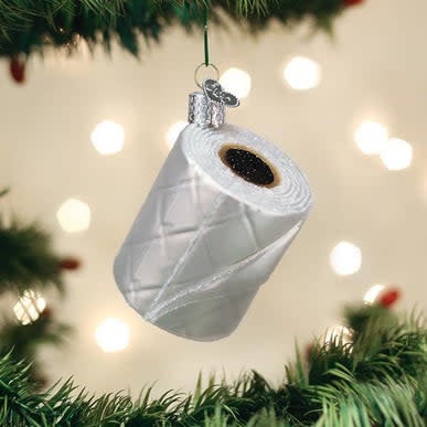 Hand-blown glass ornament shaped like a roll of toilet paper with silver accents.