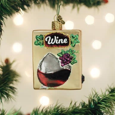 Boxed wine ornament with a rectangular shape featuring a printed label on the front.
