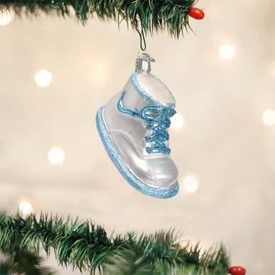 Blue baby shoe ornament with a classic bootie shape.
