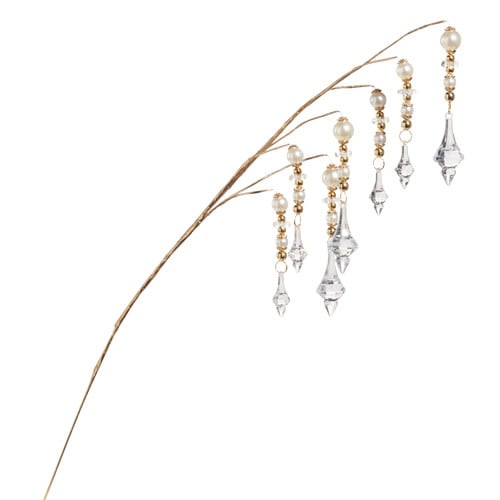 32.5-inch gold decorative spray featuring dangling pearl and clear crystal teardrop accents.