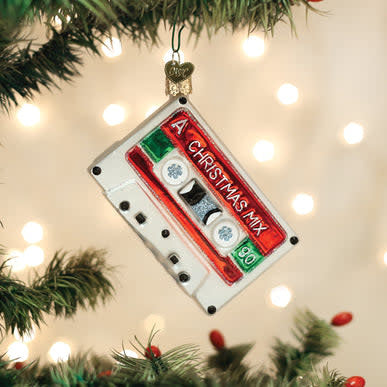 Christmas Mixtape Ornament featuring a silver cassette tape with red holiday-themed label art.