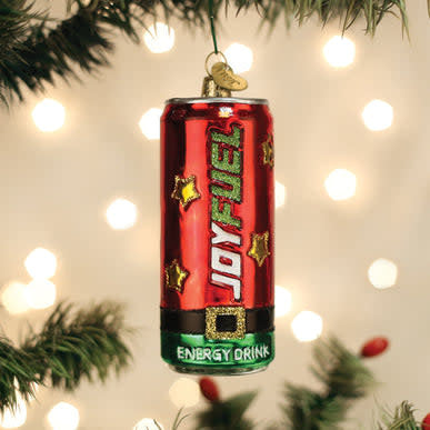 Joyfuel Energy Drink ornament shaped like a red can with white text.