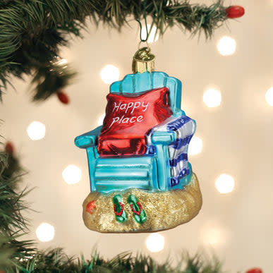 Happy Place ornament featuring a beach scene with crashing waves, seashells, sea creatures in water, and toes in warm sand.