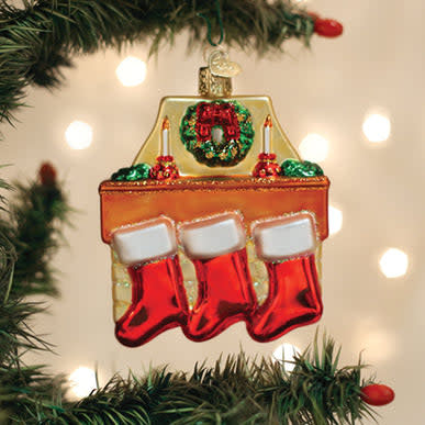 Family Of 3 stocking ornament featuring three hanging stockings in red with white trim.
