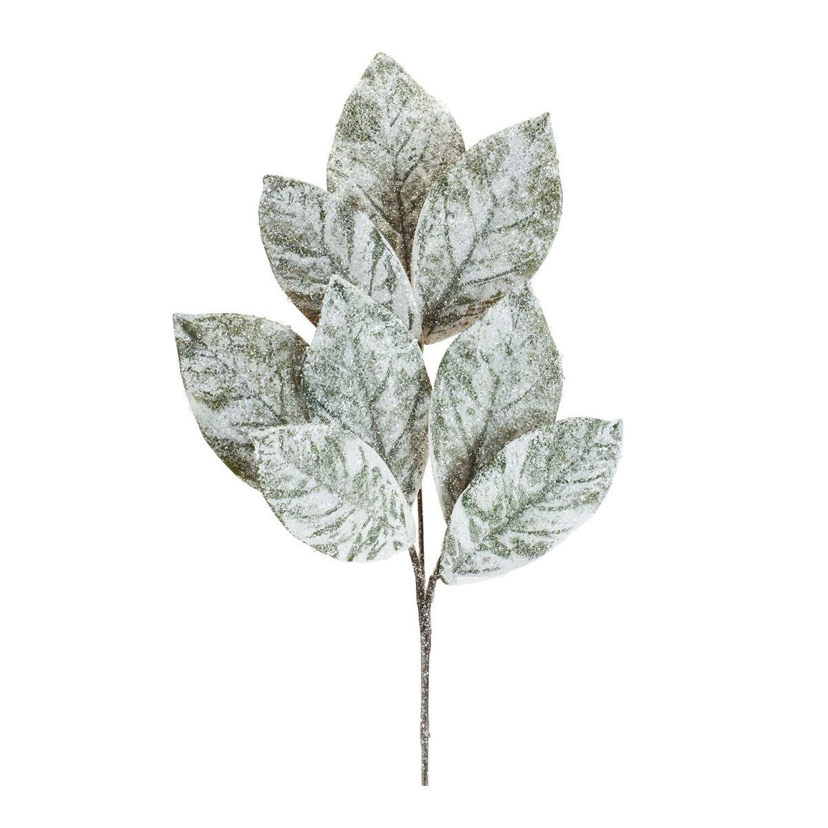 Snow-dusted polyester magnolia leaf spray with green foliage on a single stem.