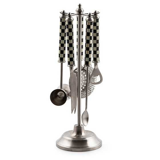 Courtly Check bar tool set with stainless steel utensils and black and white checkered handles.