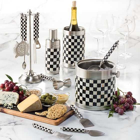 Courtly Check stainless steel ice bucket with black and white enamel checkered pattern.