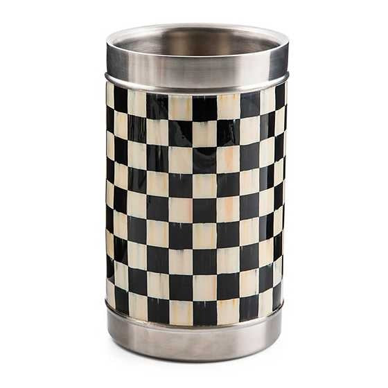 Courtly Check wine cooler in stainless steel with a black and white checkered pattern.