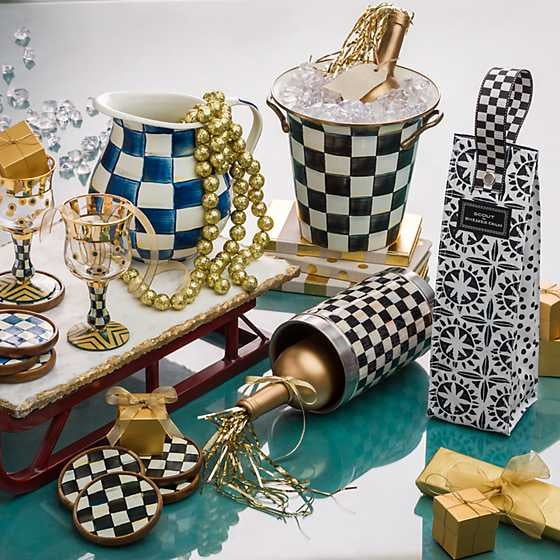 Courtly Check stainless steel wine cooler with a black and white checkered pattern.