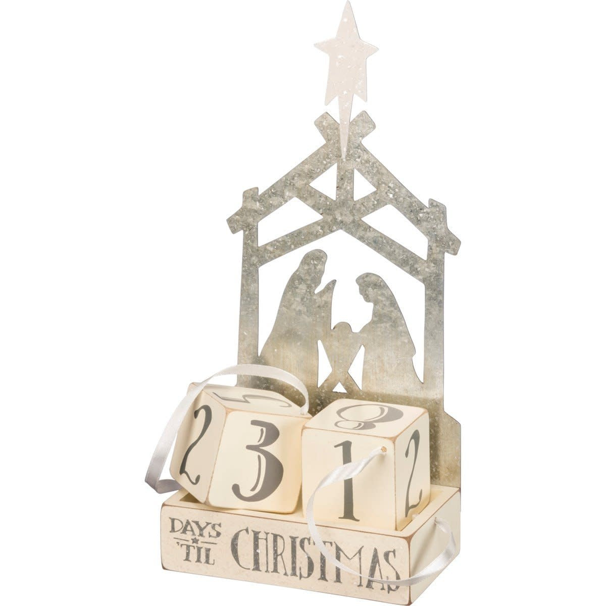 Nativity countdown display with numbered wooden blocks, galvanized metal accents, ribbon attachments, and hand-lettered sentiment.
