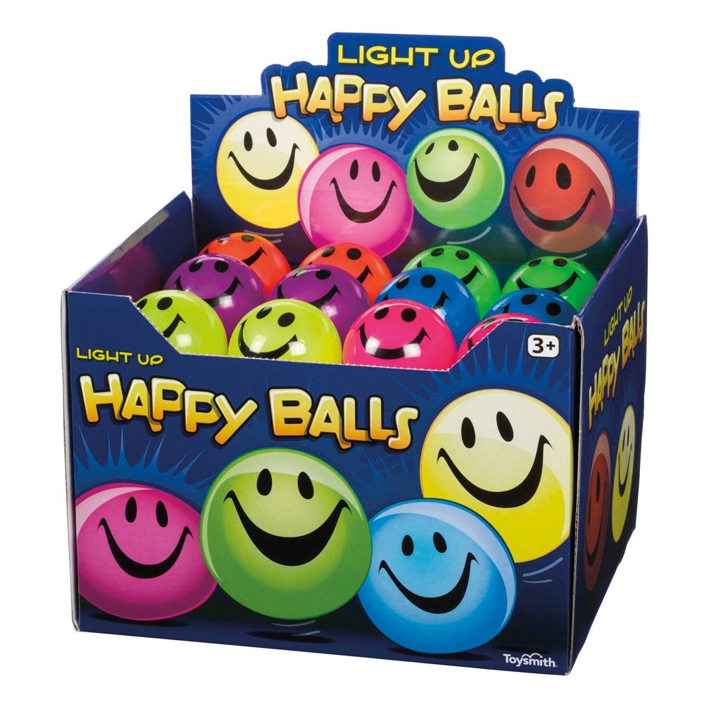 Toysmith Light Up Happy Ball with multicolored flashing lights on a smooth spherical surface.