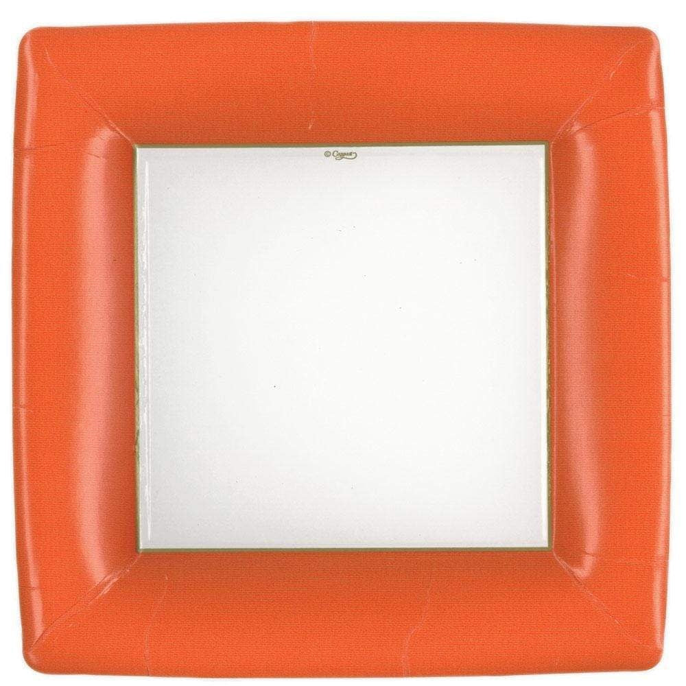 Square deep orange paper dinner plates with a grosgrain texture pattern.