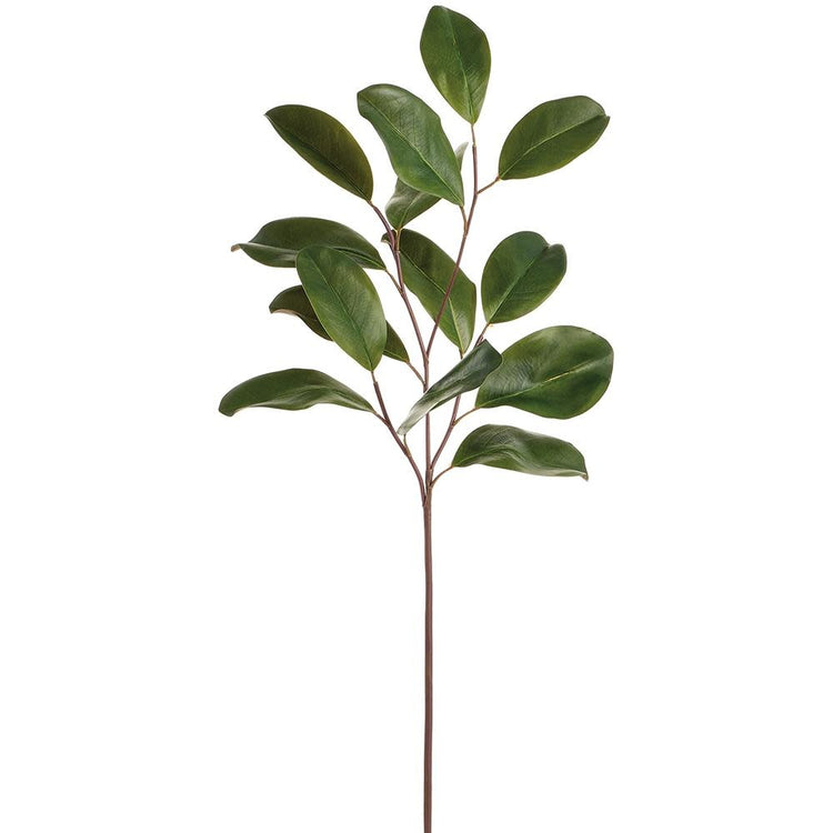 A 32-inch artificial magnolia leaf spray with green plastic leaves on a thin brown wire stem.