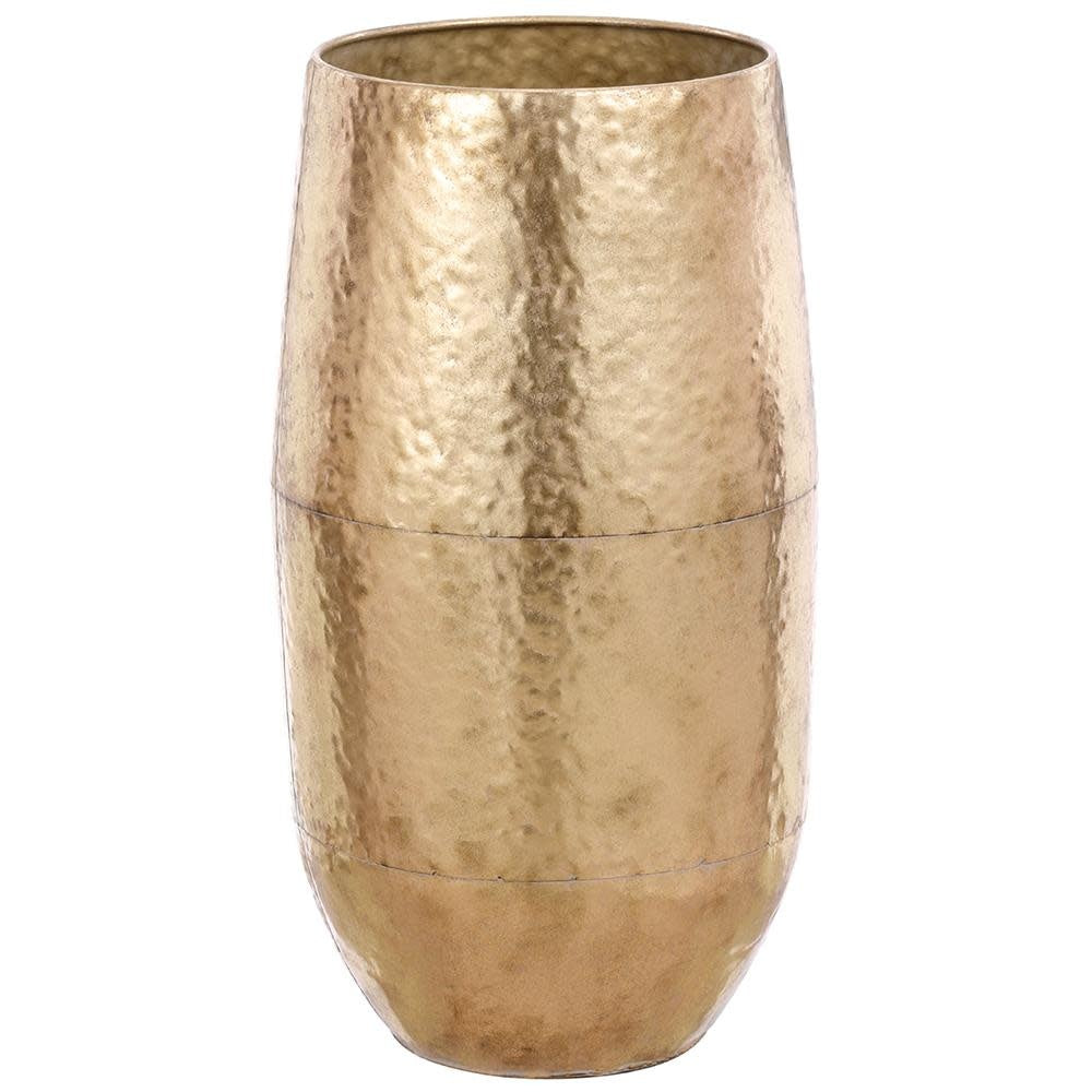 32-inch tall hammered metal planter with an antique gold finish and a rounded, barrel-like shape.