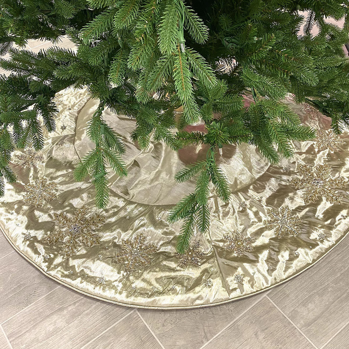 64-inch platinum metallic Dupion tree skirt with beaded snowflake pattern