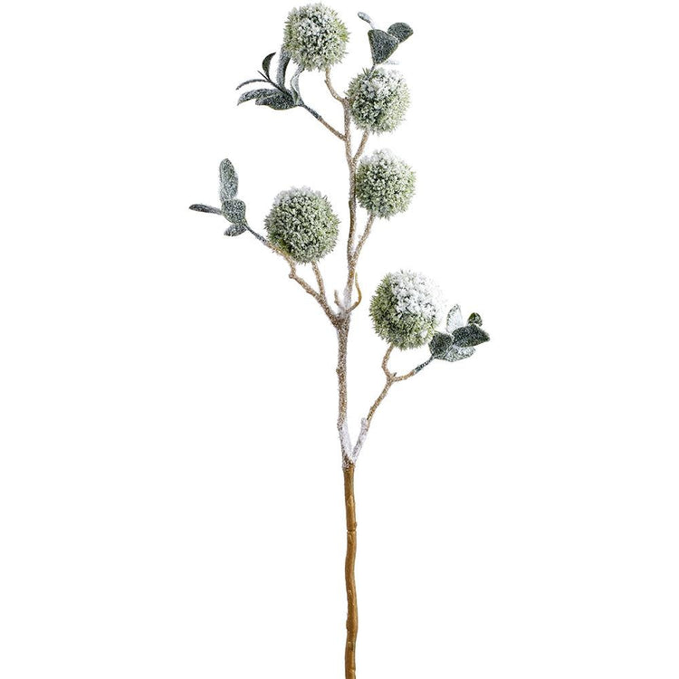 33-inch artificial chestnut spray with green, snow-dusted round pods and leaves on a brown stem.