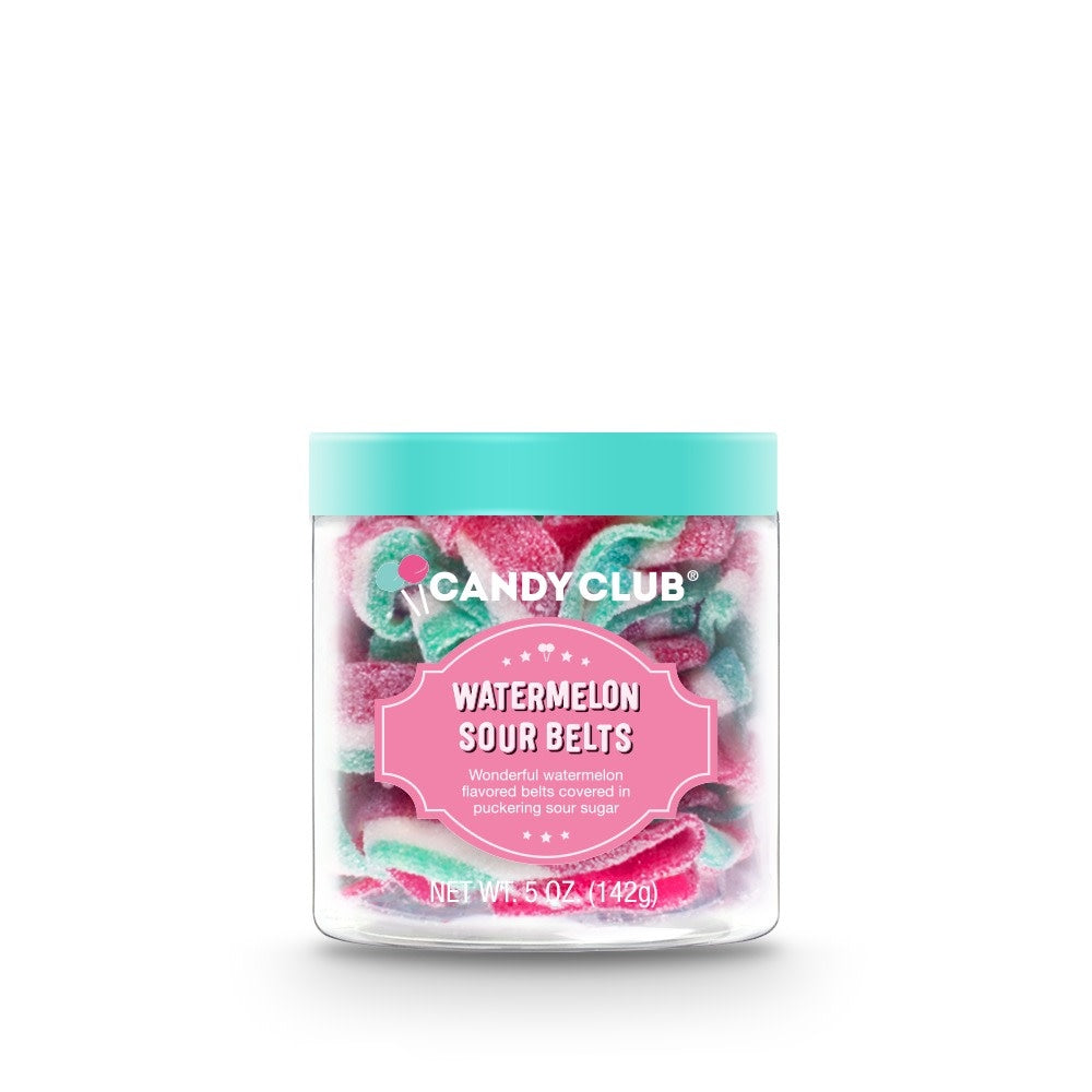 Packaging for Sour Belts Candies featuring tart cherry-flavored ribbons in a square box.