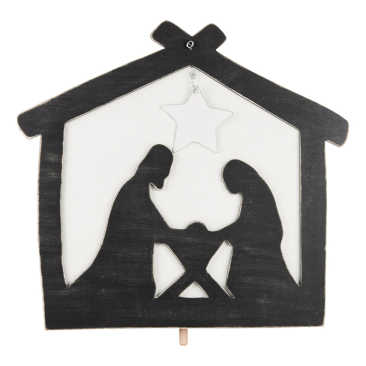 Nativity scene topper with figures on a wooden stand
