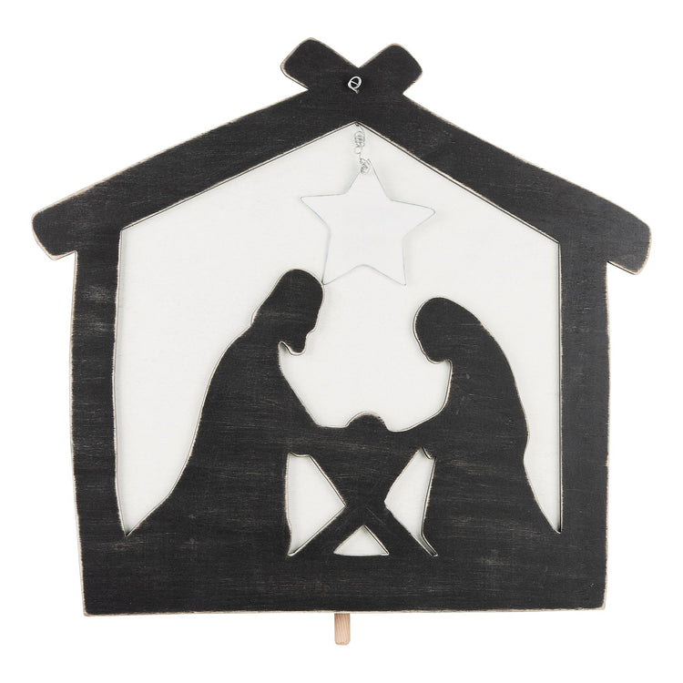 Nativity scene topper with figures on a wooden stand