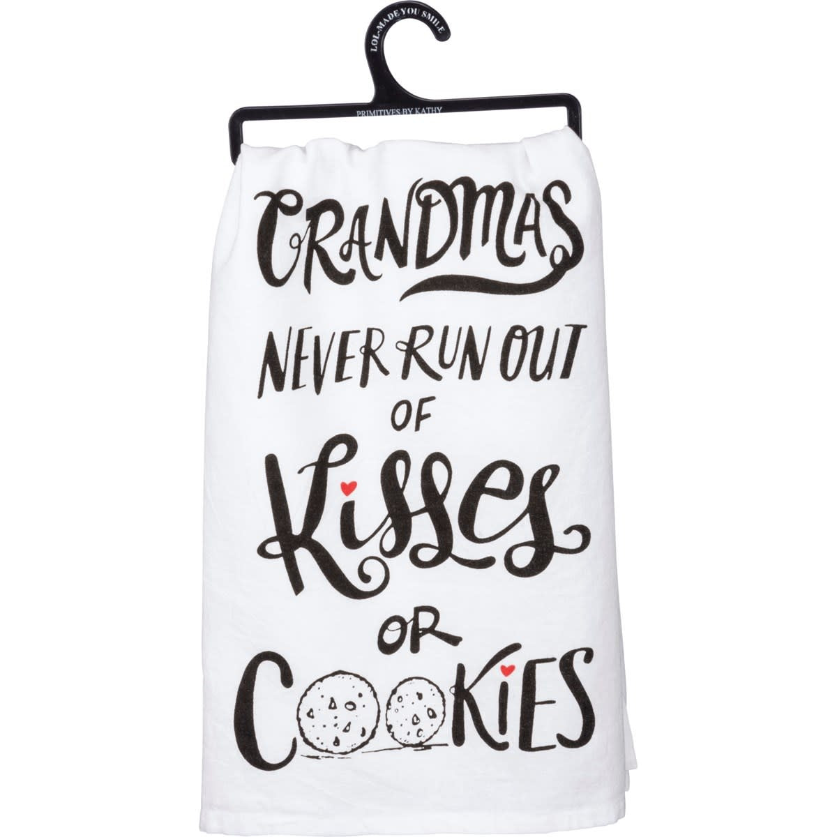 Black cotton kitchen towel with white text reading Remember As Far As Anyone Knows We Are A Nice & Normal Family