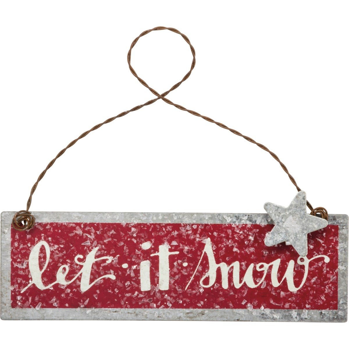 Metal Christmas ornament with 'Let It Snow' text, star accent, twisted wire loop, and textured snowy finish.