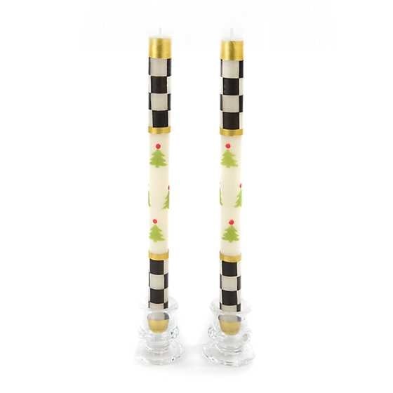 Set of two tall cylindrical Christmas tree dinner candles in a warm beige paraffin blend wax.