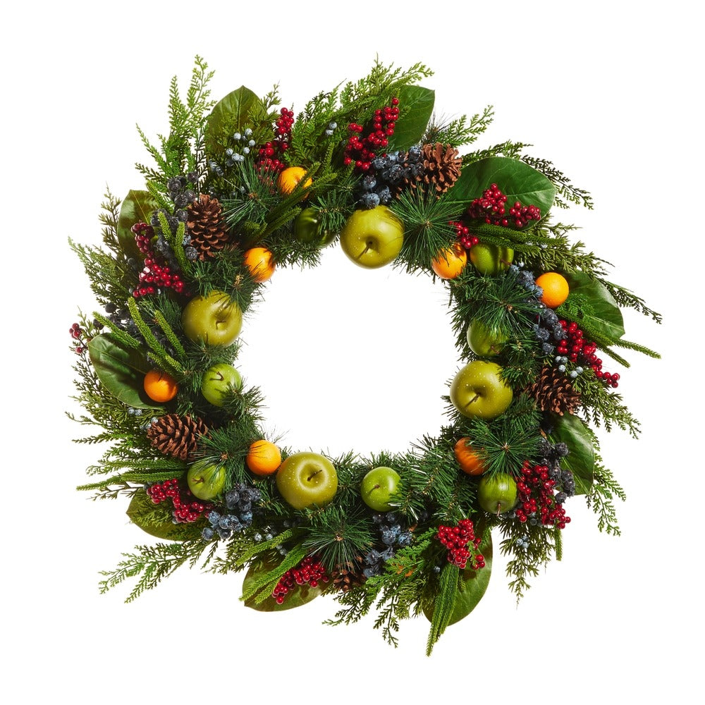 33-inch mixed fruit wreath with faux apples, oranges, berries, pinecones, and magnolia leaves.