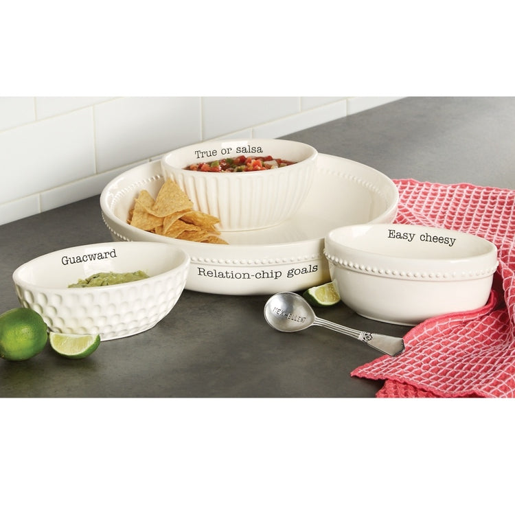 Ceramic Fiesta medley set with large chip bowl featuring debossed sentiment exterior and raised beaded detail.