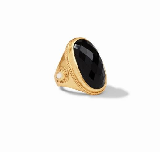 Gold-plated Cannes statement ring featuring a pear-shaped gemstone with mother-of-pearl accents and twisted wire detail.
