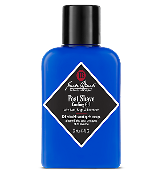 Jack Black Post Shave Cooling Gel in a blue bottle with a black diamond-shaped label.