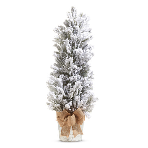 34-inch flocked half Christmas tree in a metal pot with a burlap bow.
